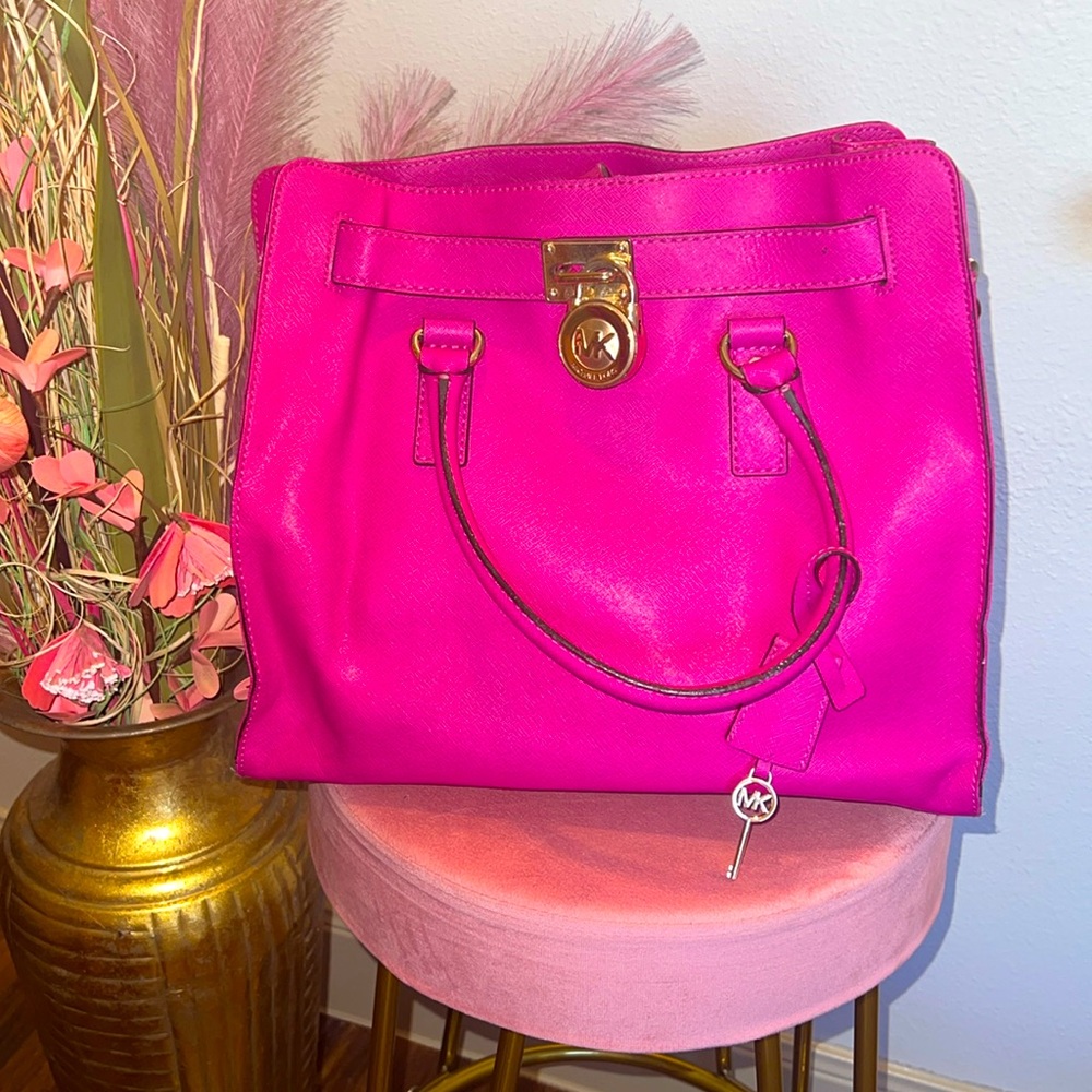 Michael Kors Large Hamilton Raspberry Pink Saffiano Leather Purse Handbag